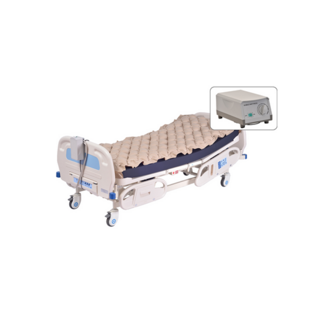 The Nova Medical Deluxe Alternating Pressure System hospital bed features an air mattress overlay for pressure sore prevention, an air pump control unit with adjustable pressure, adjustable side rails, and wheels for mobility.